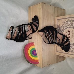 Sigerson Morrison black suede cage gladiator sandals shoes heels 8
